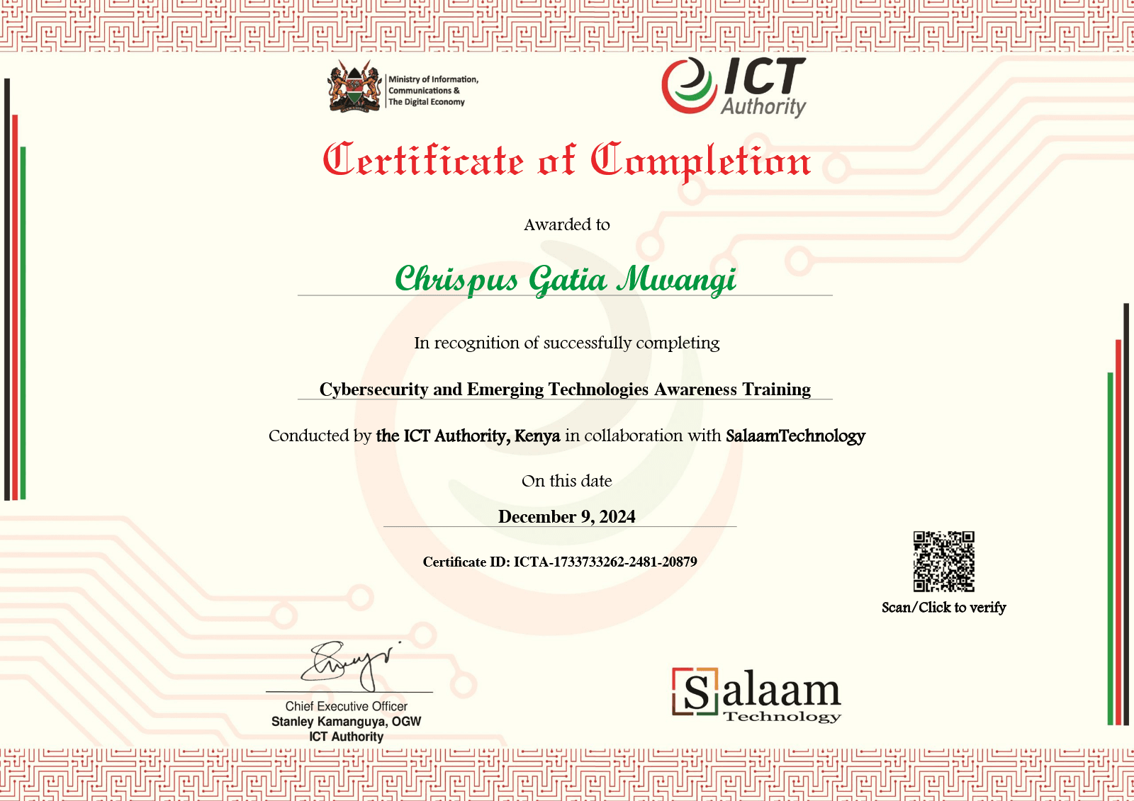 Cybersecurity and Emerging Technologies Awareness certificate