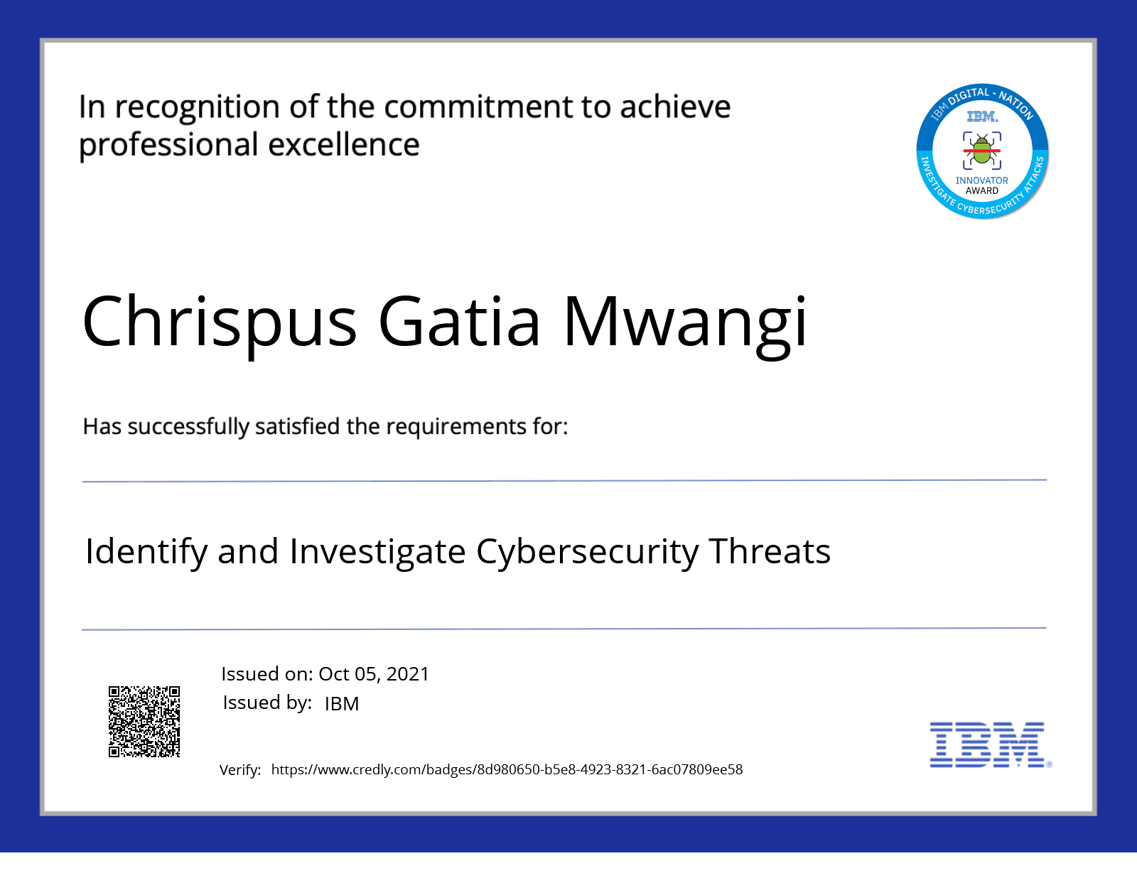 IBM Cybersecurity Certifications certificate