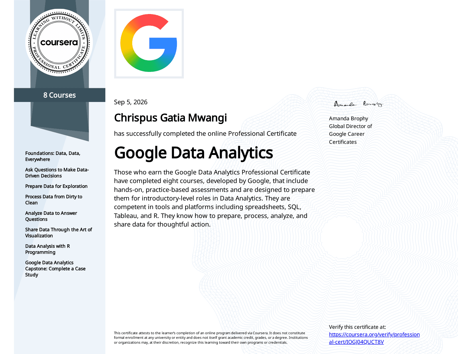 Google Data Analytics Professional Certificate certificate