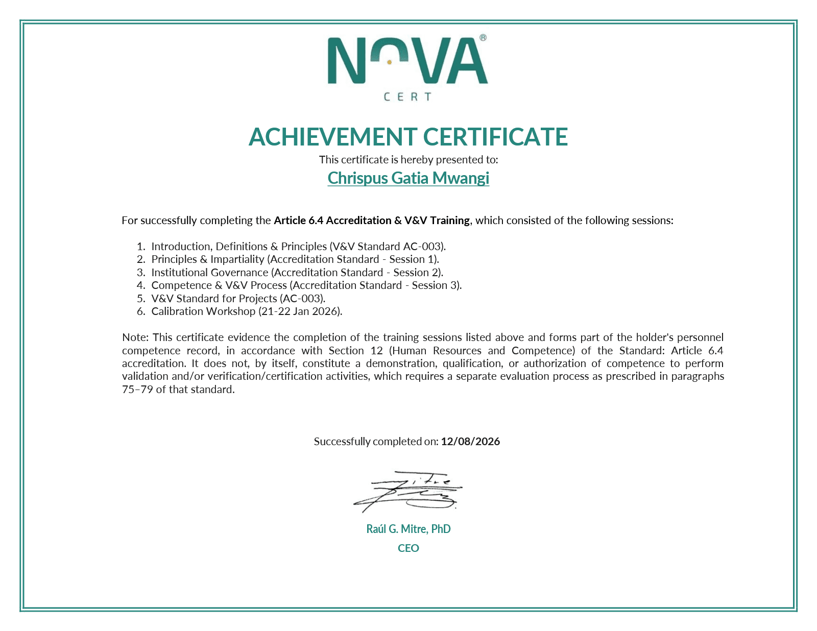 Article 6.4 Accreditation & V&V Training certificate